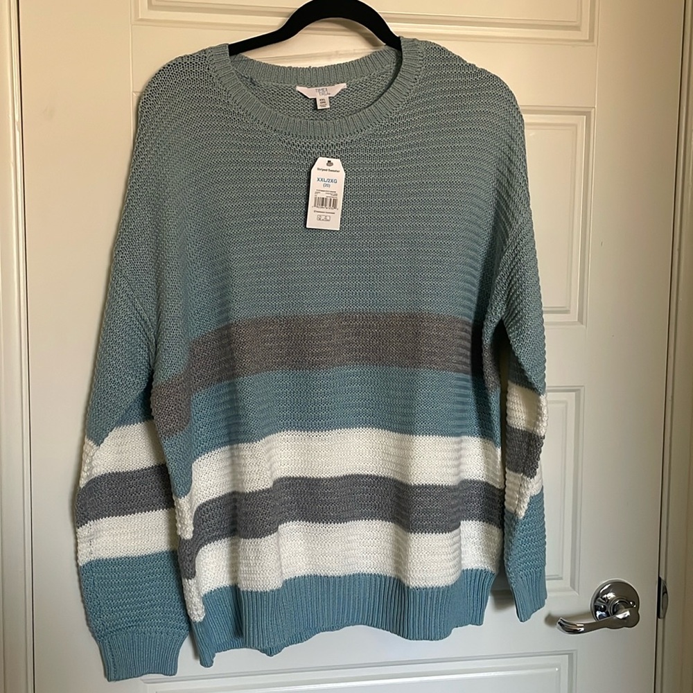 Time and Try Ottoman Stitch Sweater- Blue, Cream, and Gray